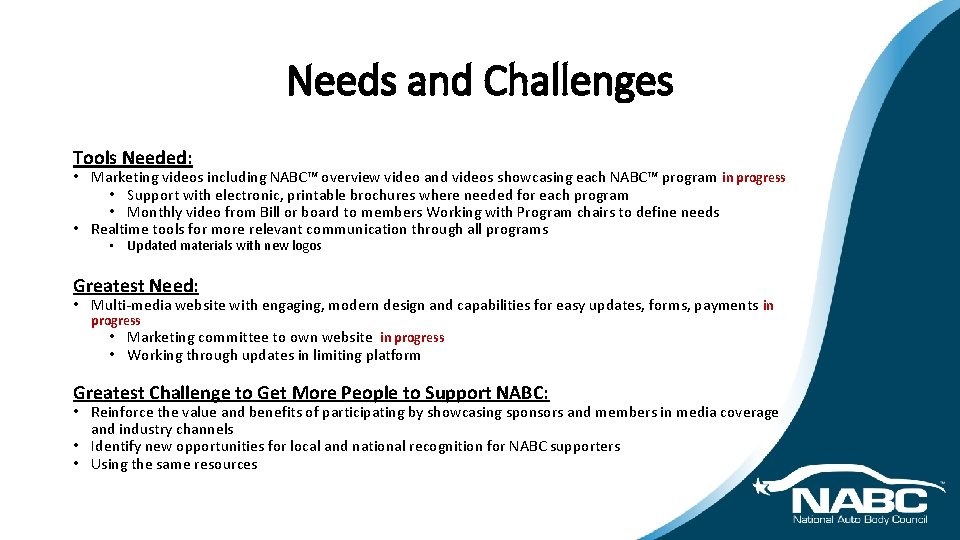 Needs and Challenges Tools Needed: • Marketing videos including NABC™ overview video and videos