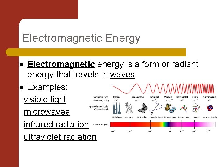 Electromagnetic Energy Electromagnetic energy is a form or radiant energy that travels in waves.