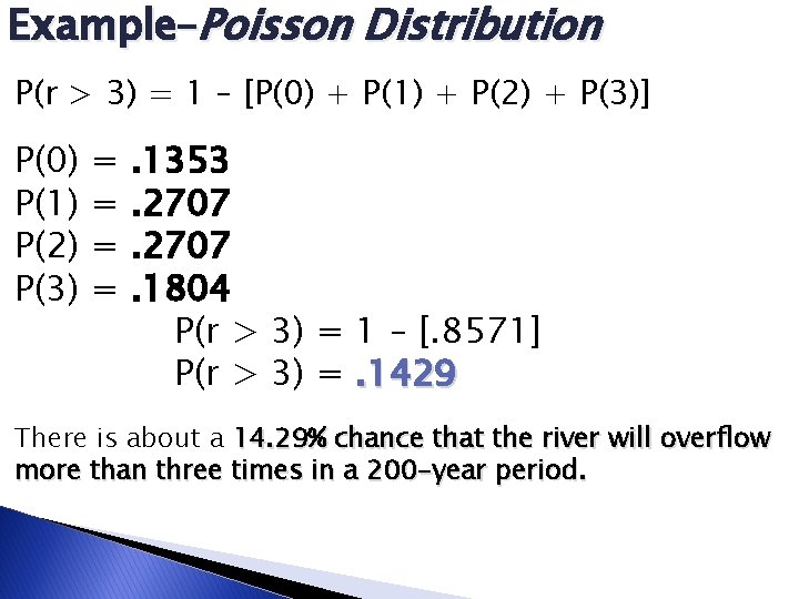 Example–Poisson Distribution P(r > 3) = 1 – [P(0) + P(1) + P(2) + Example–Poisson Distribution P(r > 3) = 1 – [P(0) + P(1) + P(2) +