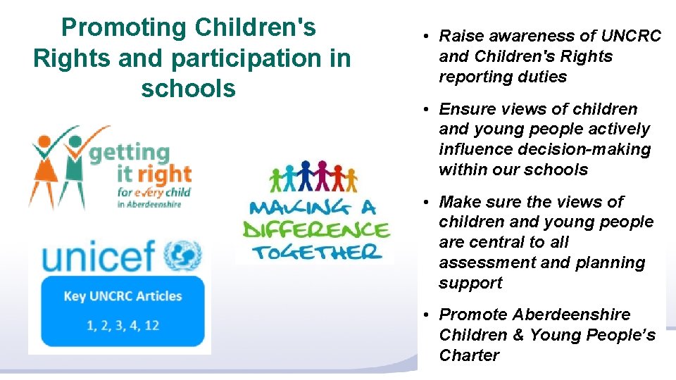 Promoting Children's Rights and participation in schools • Raise awareness of UNCRC and Children's