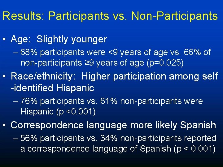 Results: Participants vs. Non-Participants • Age: Slightly younger – 68% participants were <9 years