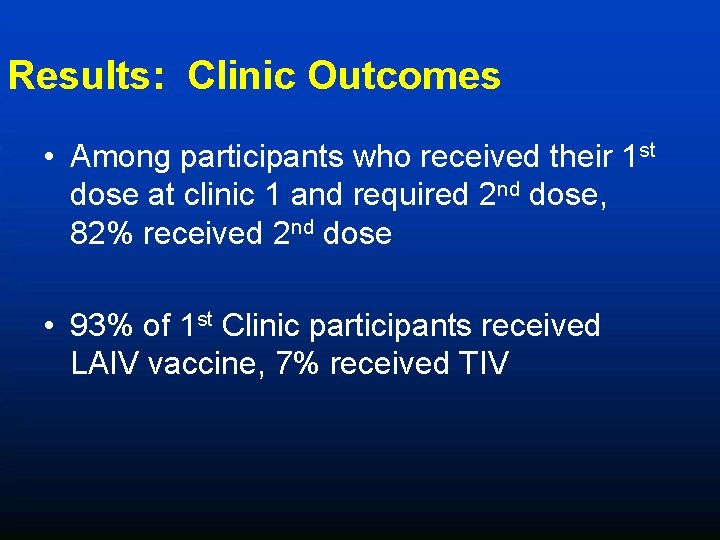 Results: Clinic Outcomes • Among participants who received their 1 st dose at clinic