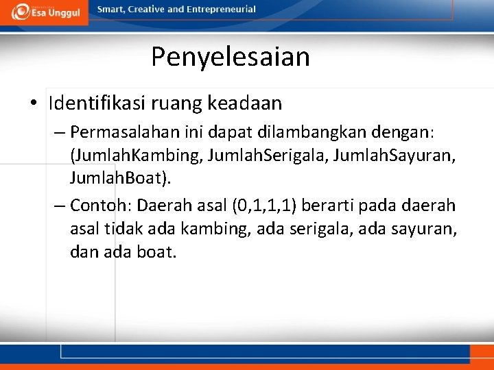 Penyelesaian • Identifikasi ruang keadaan – Permasalahan ini dapat dilambangkan dengan: (Jumlah. Kambing, Jumlah. Penyelesaian • Identifikasi ruang keadaan – Permasalahan ini dapat dilambangkan dengan: (Jumlah. Kambing, Jumlah.