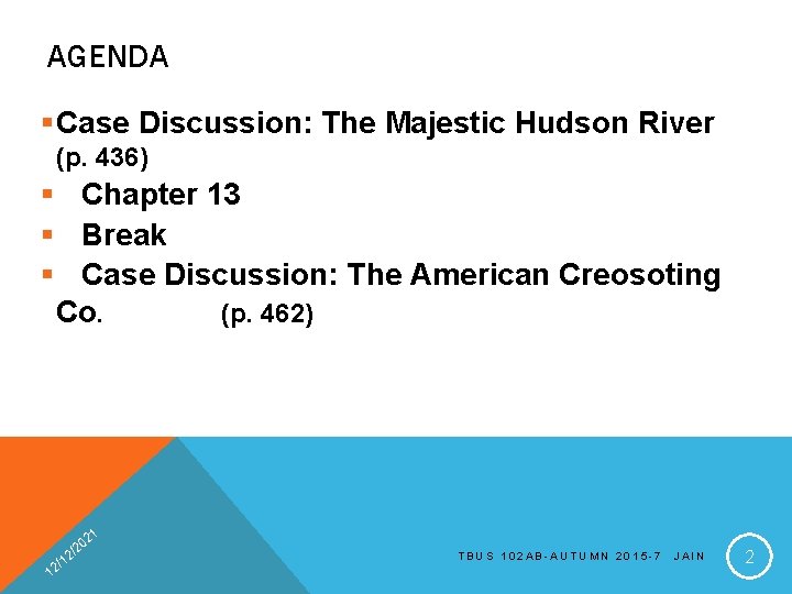 AGENDA §Case Discussion: The Majestic Hudson River (p. 436) § Chapter 13 § Break