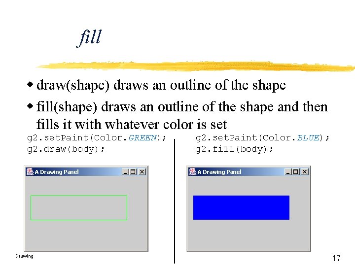 fill w draw(shape) draws an outline of the shape w fill(shape) draws an outline