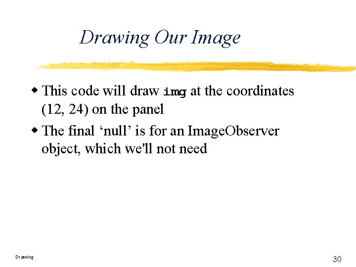 Drawing Our Image w This code will draw img at the coordinates (12, 24)