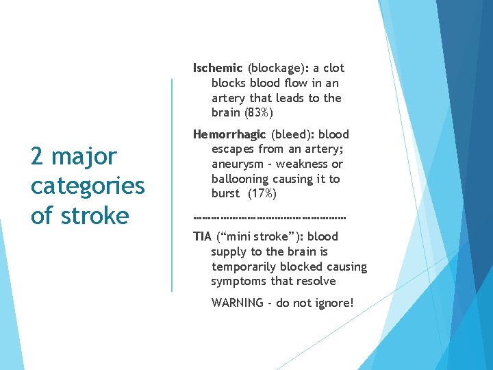 Ischemic (blockage): a clot blocks blood flow in an artery that leads to the Ischemic (blockage): a clot blocks blood flow in an artery that leads to the