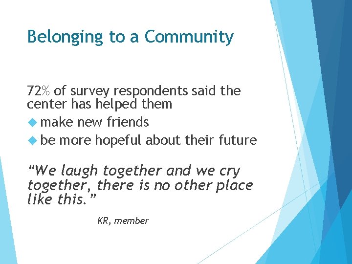 Belonging to a Community 72% of survey respondents said the center has helped them Belonging to a Community 72% of survey respondents said the center has helped them
