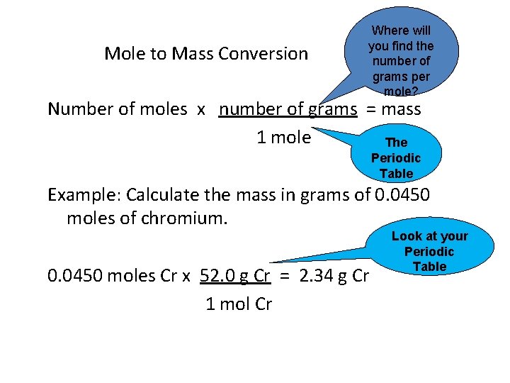Mole to Mass Conversion Where will you find the number of grams per mole?