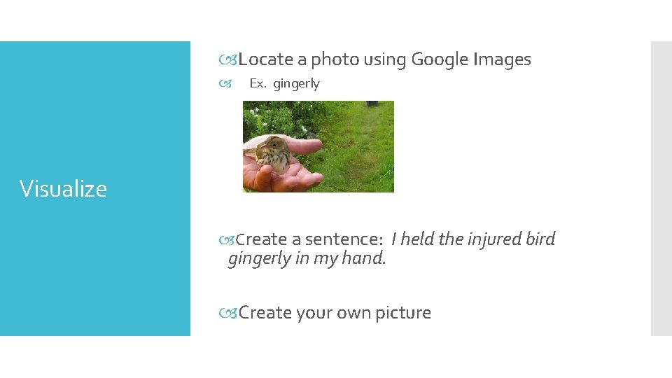  Locate a photo using Google Images Ex. gingerly Visualize Create a sentence: I