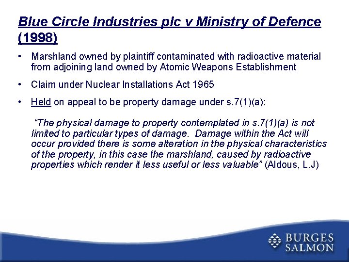 Blue Circle Industries plc v Ministry of Defence (1998) • Marshland owned by plaintiff