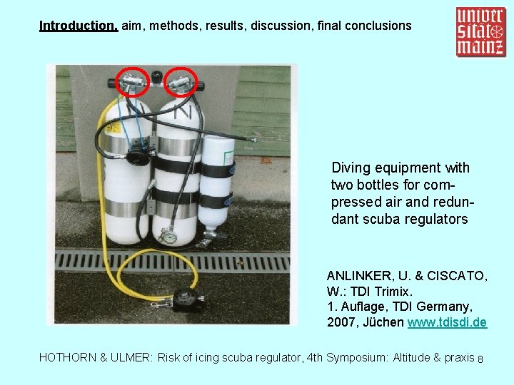 Introduction, aim, methods, results, discussion, final conclusions Diving equipment with two bottles for compressed