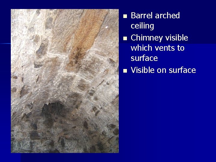 n n n Barrel arched ceiling Chimney visible which vents to surface Visible on