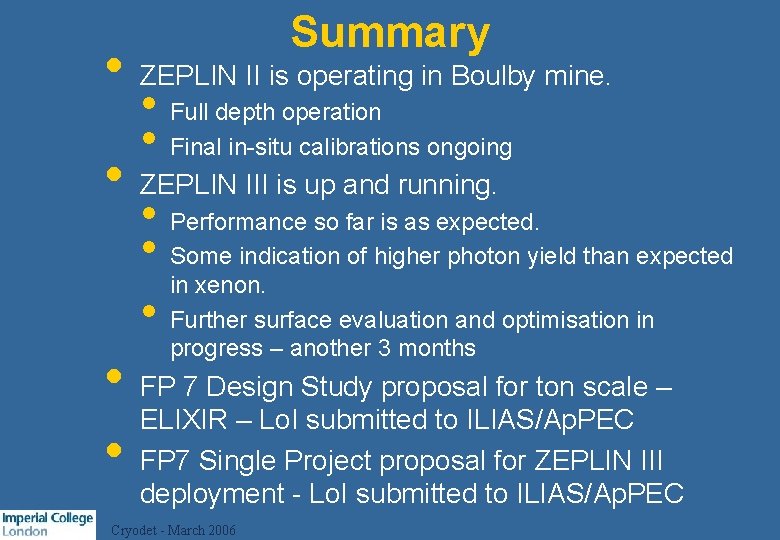 Summary • ZEPLIN II is operating in Boulby mine. • Full depth operation •