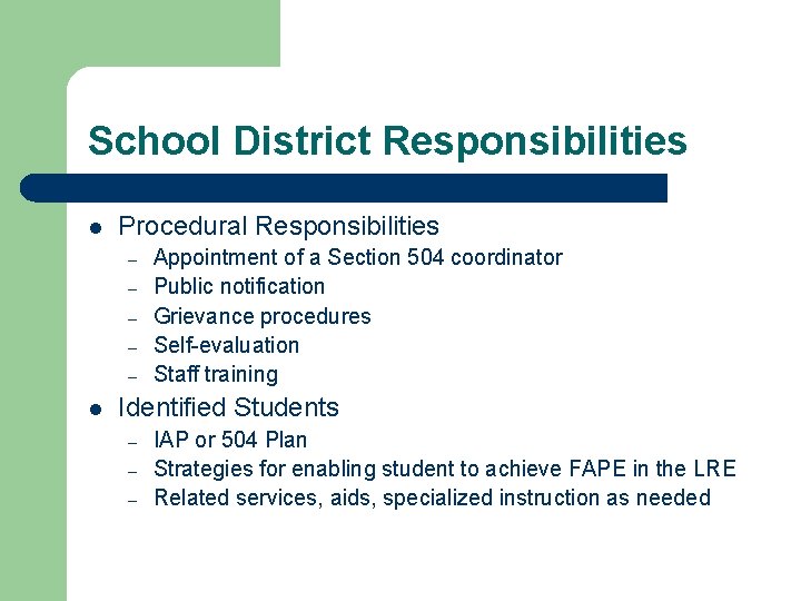 School District Responsibilities l Procedural Responsibilities – – – l Appointment of a Section