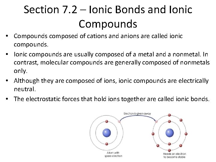 Section 7. 2 – Ionic Bonds and Ionic Compounds • Compounds composed of cations