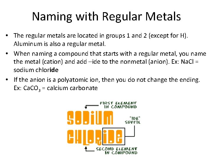 Naming with Regular Metals • The regular metals are located in groups 1 and