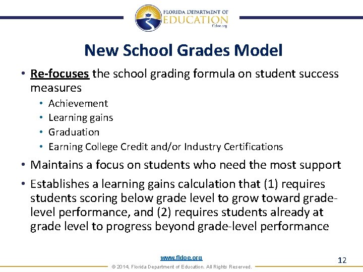 New School Grades Model • Re-focuses the school grading formula on student success measures