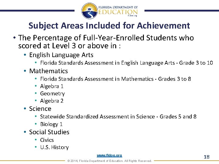 Subject Areas Included for Achievement • The Percentage of Full-Year-Enrolled Students who scored at