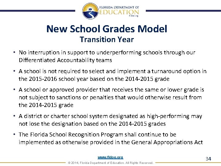 New School Grades Model Transition Year • No interruption in support to underperforming schools