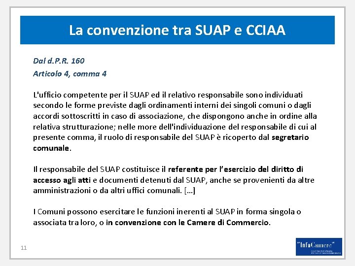 La convenzione tra SUAP e CCIAA Dal d. P. R. 160 Articolo 4, comma