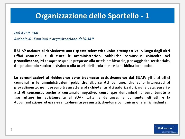 Organizzazione dello Sportello - 1 Dal d. P. R. 160 Articolo 4 - Funzioni