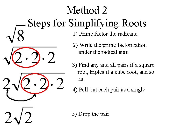 Method 2 Steps for Simplifying Roots 1) Prime factor the radicand 2) Write the