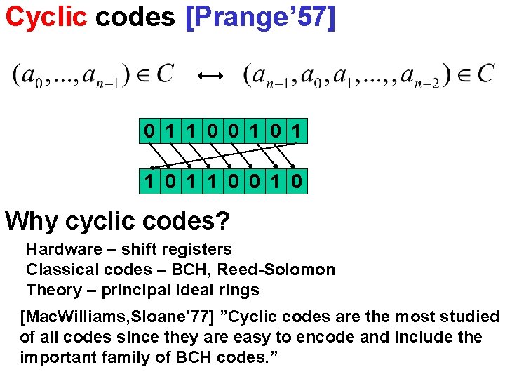 Cyclic codes [Prange’ 57] 0 1 1 0 1 1 0 0 1 0