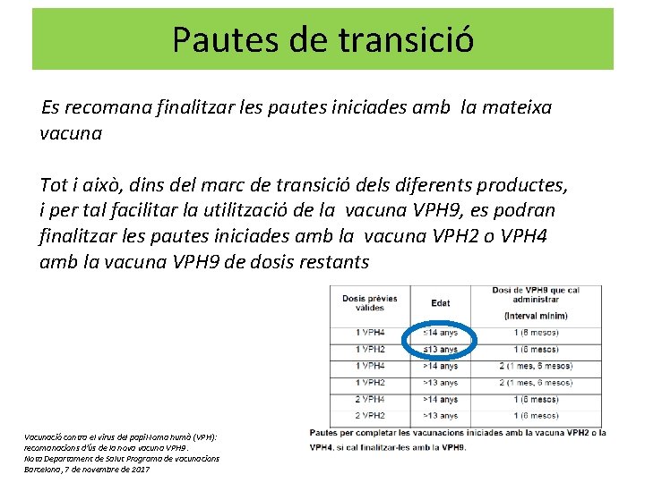 Pautes de transició Es recomana finalitzar les pautes iniciades amb la mateixa vacuna Tot