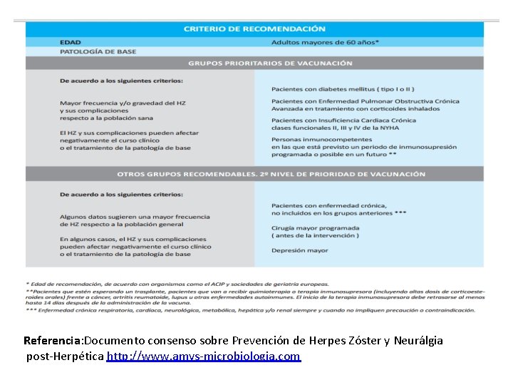 Referencia: Documento consenso sobre Prevención de Herpes Zóster y Neurálgia post-Herpética http: //www. amys-microbiologia.