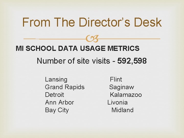 From The Director’s Desk MI SCHOOL DATA USAGE METRICS Number of site visits -