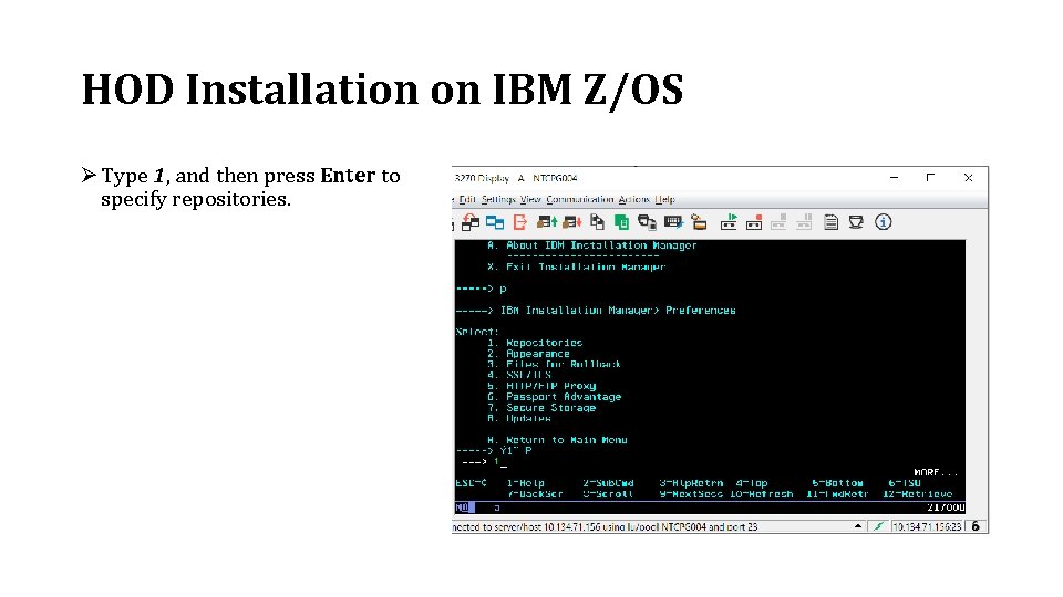 HOD Installation on IBM Z/OS Ø Type 1, and then press Enter to specify