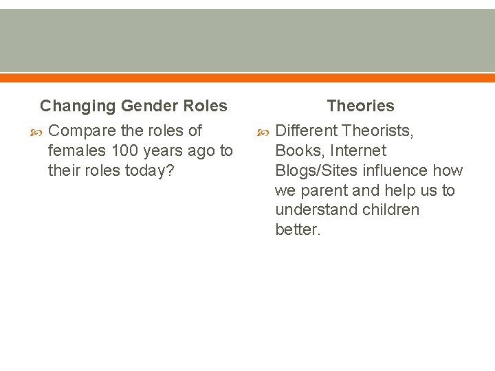 Changing Gender Roles Compare the roles of females 100 years ago to their roles