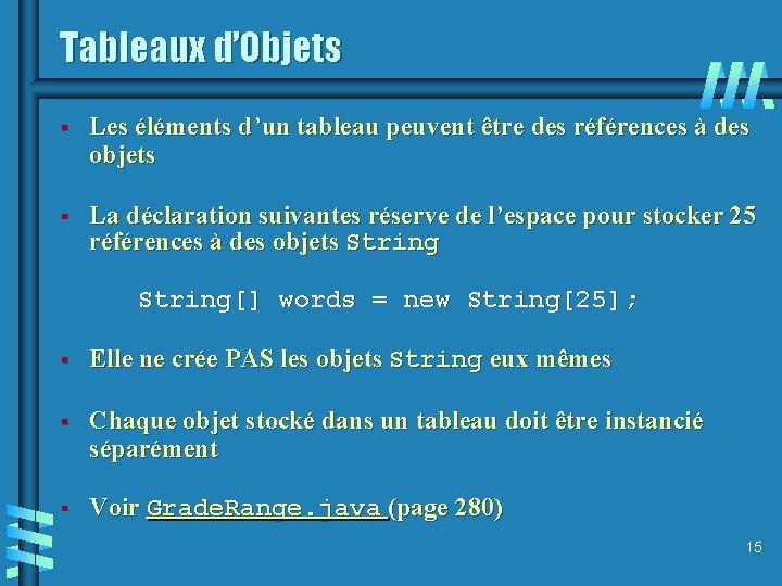 Tableaux d’Objets § Les éléments d’un tableau peuvent être des références à des objets