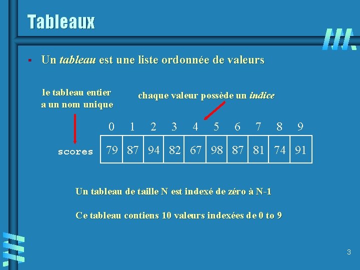 Tableaux § Un tableau est une liste ordonnée de valeurs le tableau entier a
