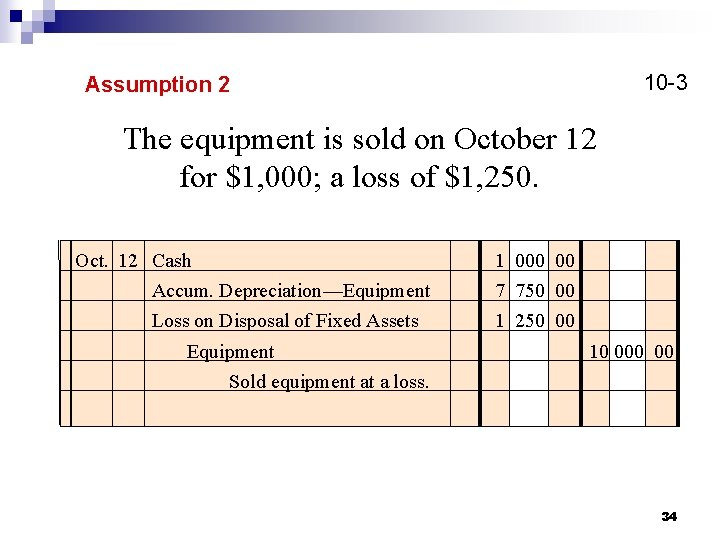10 -3 Assumption 2 The equipment is sold on October 12 for $1, 000;