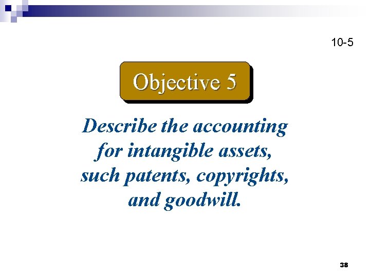 10 -5 Objective 5 Describe the accounting for intangible assets, such patents, copyrights, and