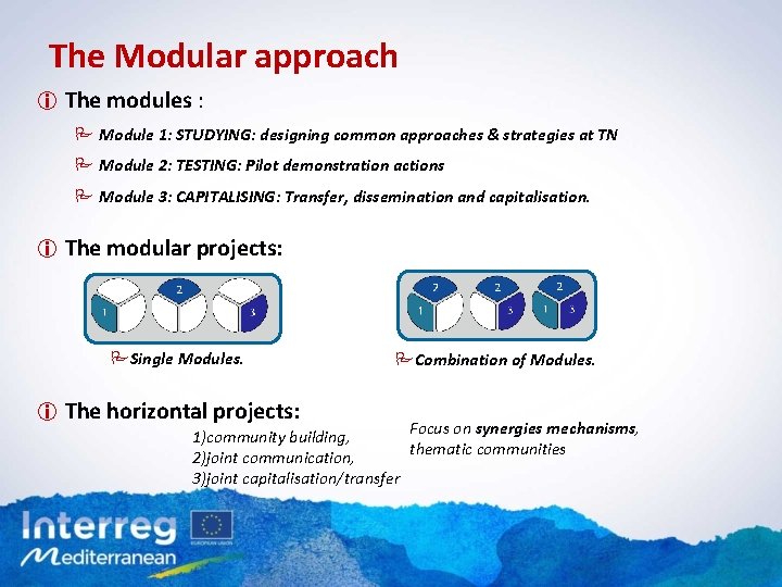 The Modular approach i The modules : Module 1: STUDYING: designing common approaches &