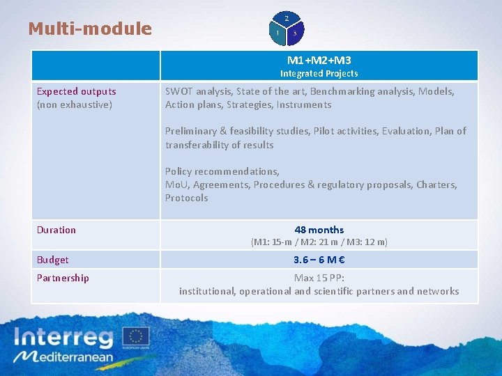 Multi-module M 1+M 2+M 3 Integrated Projects Expected outputs (non exhaustive) SWOT analysis, State