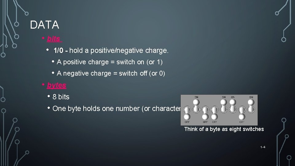 DATA • bits • 1/0 - hold a positive/negative charge. • A positive charge
