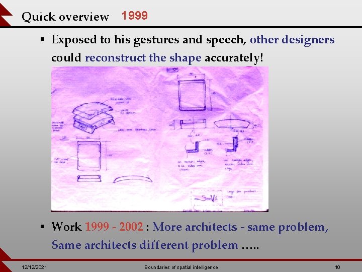 Quick overview 1999 § Exposed to his gestures and speech, other designers could reconstruct
