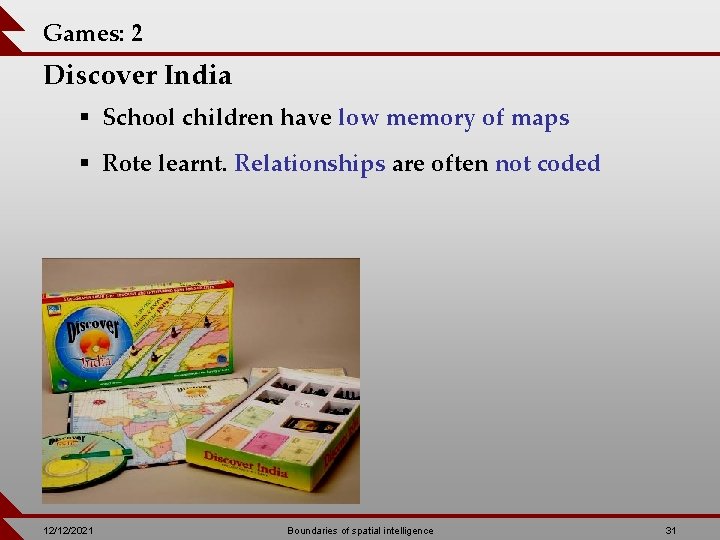 Games: 2 Discover India § School children have low memory of maps § Rote
