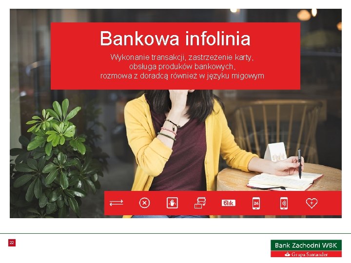 Bankowa infolinia Wykonanie transakcji, zastrzeżenie karty, obsługa produków bankowych, rozmowa z doradcą również w