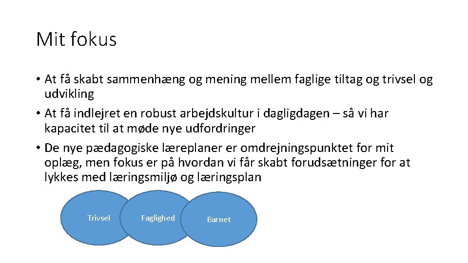 Mit fokus • At få skabt sammenhæng og mening mellem faglige tiltag og trivsel Mit fokus • At få skabt sammenhæng og mening mellem faglige tiltag og trivsel