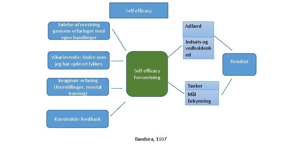 Self efficacy Følelse af mestring gennem erfaringer med egne handlinger Adfærd Indsats og vedholdenh