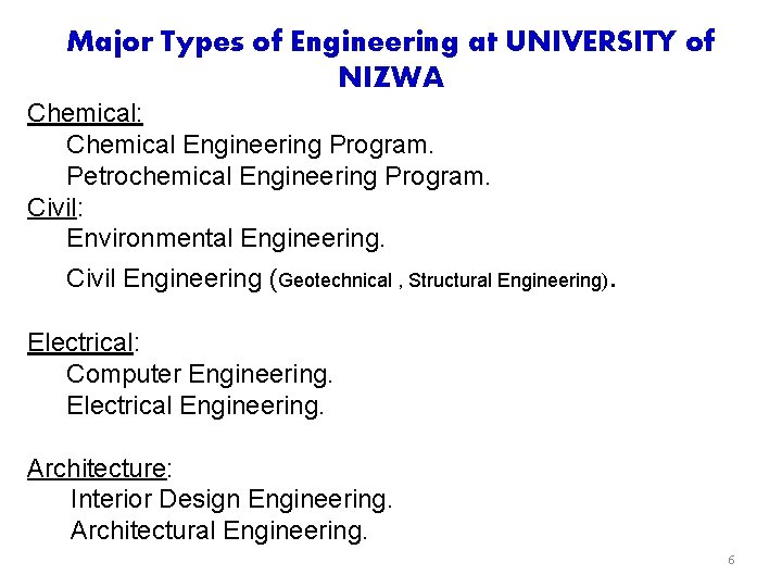 Major Types of Engineering at UNIVERSITY of NIZWA Chemical: Chemical Engineering Program. Petrochemical Engineering