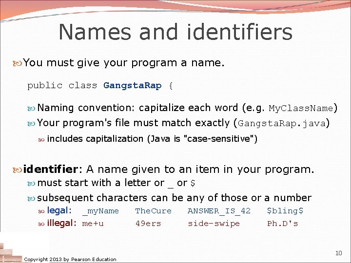 Names and identifiers You must give your program a name. public class Gangsta. Rap Names and identifiers You must give your program a name. public class Gangsta. Rap