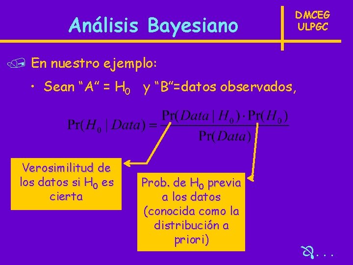Análisis Bayesiano DMCEG ULPGC / En nuestro ejemplo: • Sean “A” = H 0