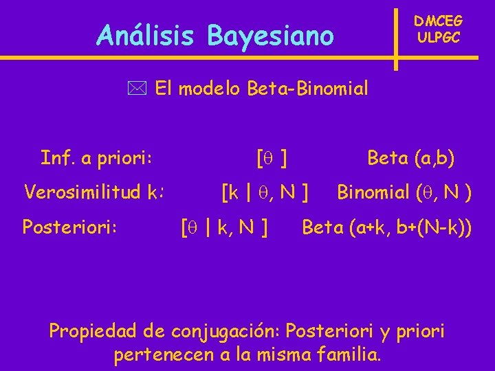 DMCEG ULPGC Análisis Bayesiano * El modelo Beta-Binomial Inf. a priori: Verosimilitud k: Posteriori: