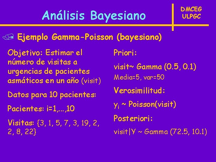 Análisis Bayesiano DMCEG ULPGC / Ejemplo Gamma-Poisson (bayesiano) Objetivo: Estimar el número de visitas